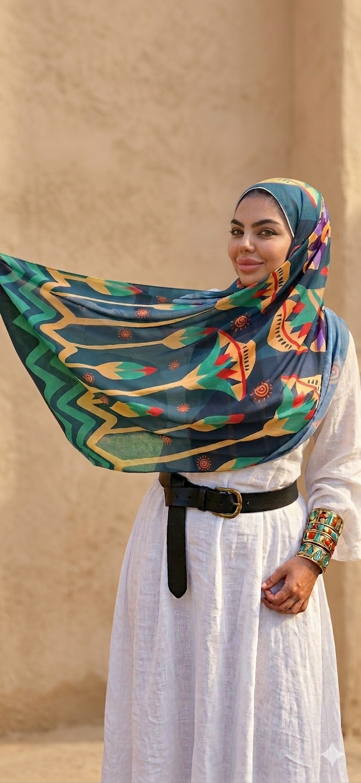 Woman wearing a colorful scarf from the TYMH Jozoor Collection with a desert background