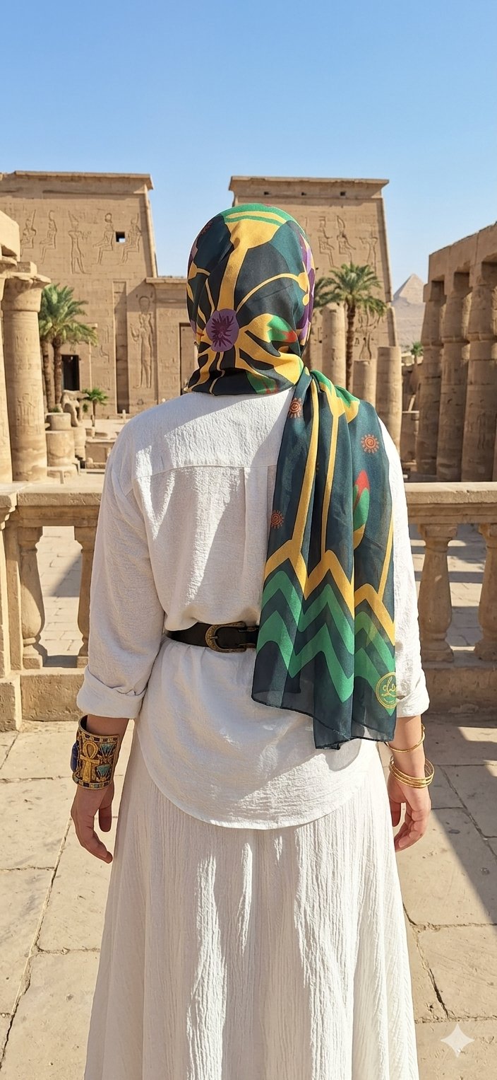 Person wearing a colorful headscarf from the TYMH Jozoor Collection and white dress in an ancient temple setting
