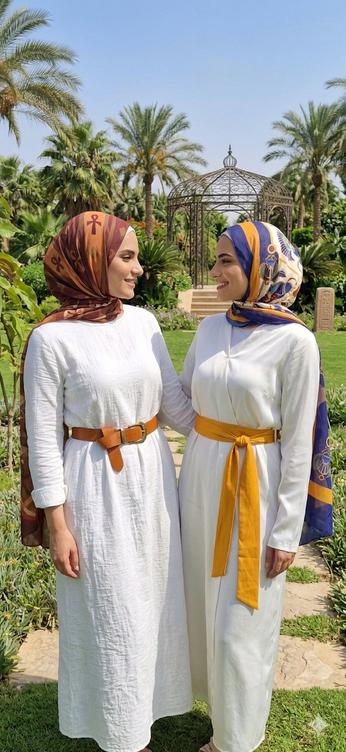 Two women in white dresses with colorful headscarves from the TYMH Jozoor Collection standing in a garden.
