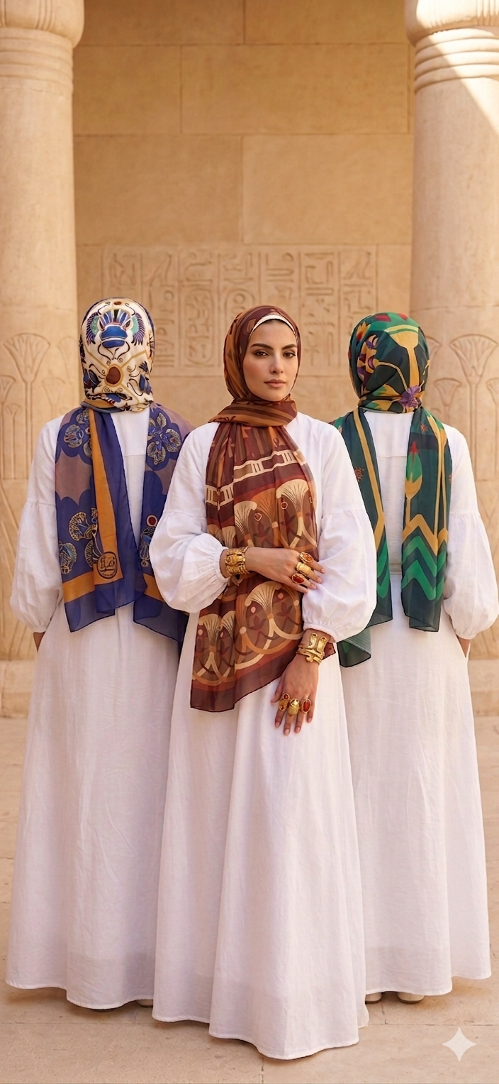 Three women in white dresses with patterned headscarves from the TYMH Jozoor Collection standing in front of stone column.