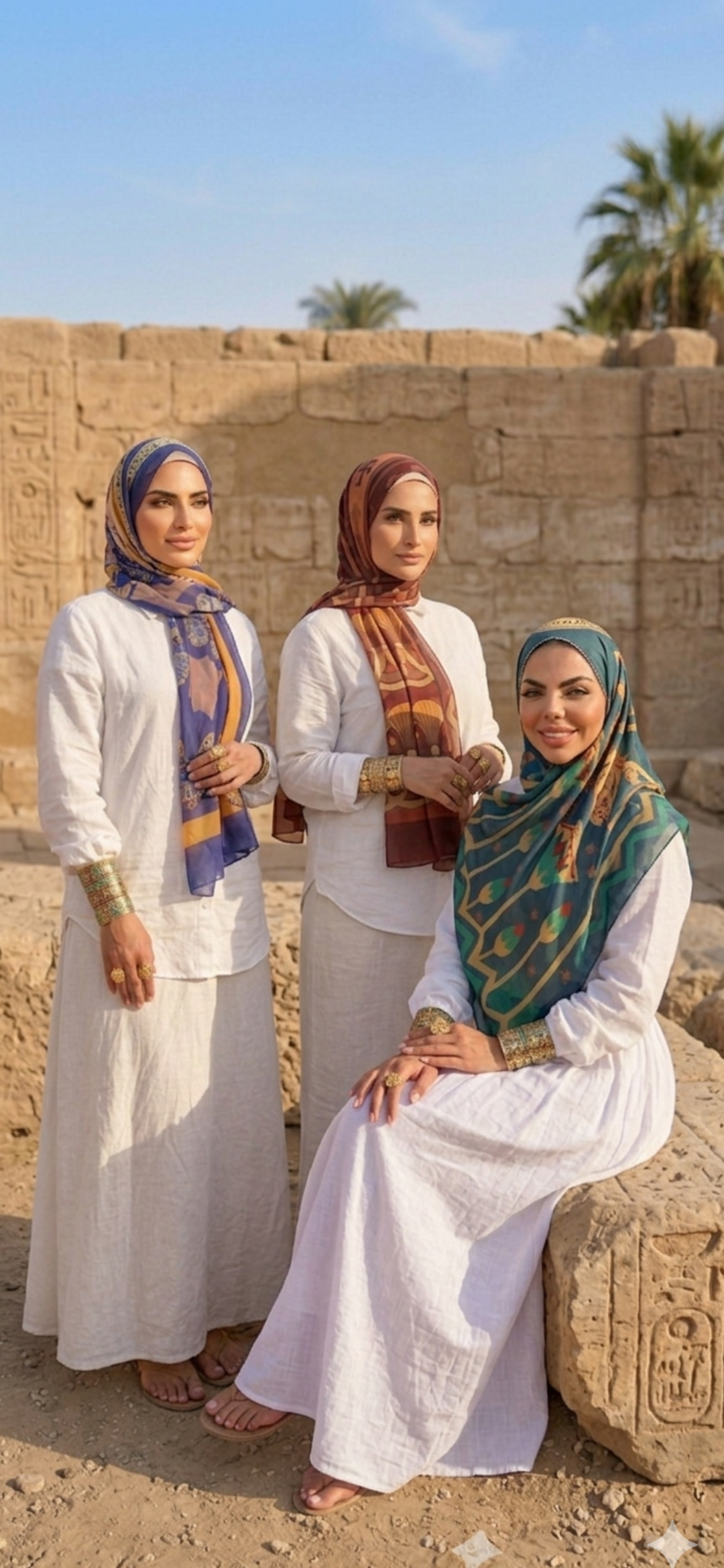 Three women in white dresses and headscarves from the TYMH Jozoor Collection standing in front of ancient stone architecture.