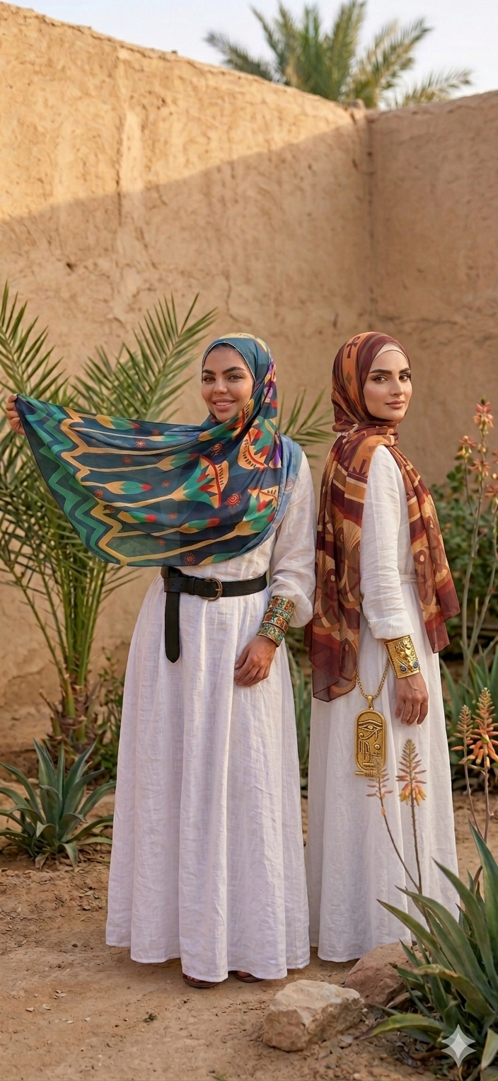 Two women in traditional attire standing in a desert setting with palm trees and wearing a scarves from the TYMH Jozoor Collection