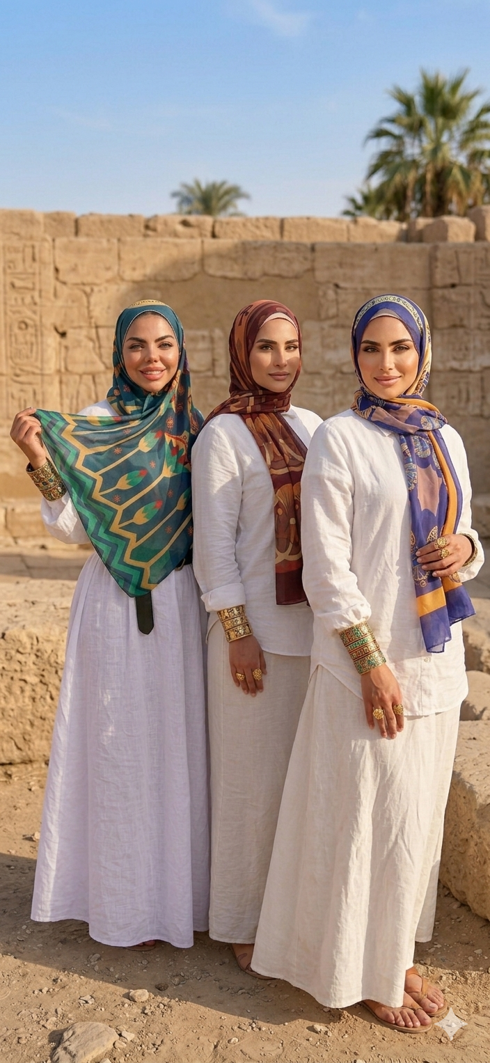 Three women in white dresses and headscarves from the TYMH Jozoor Collection standing in front of a stone wall with palm trees in the background.